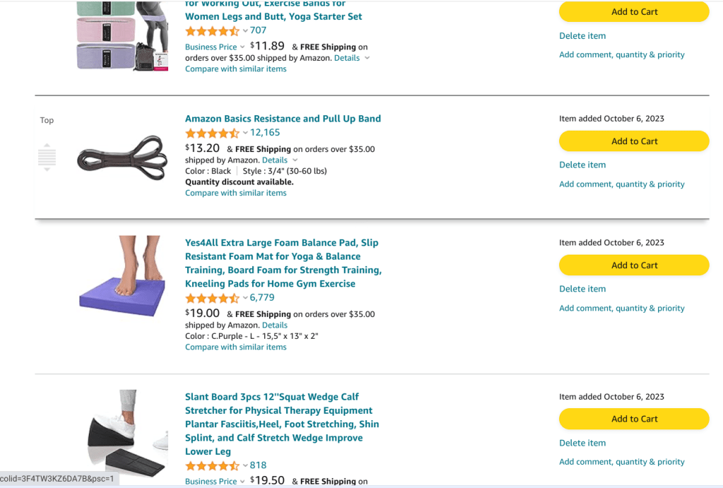 Link to Amazon products recommneded by expert physical therapist to get pain relief and strength core, shoulders, neck, back, knees and ankles. 